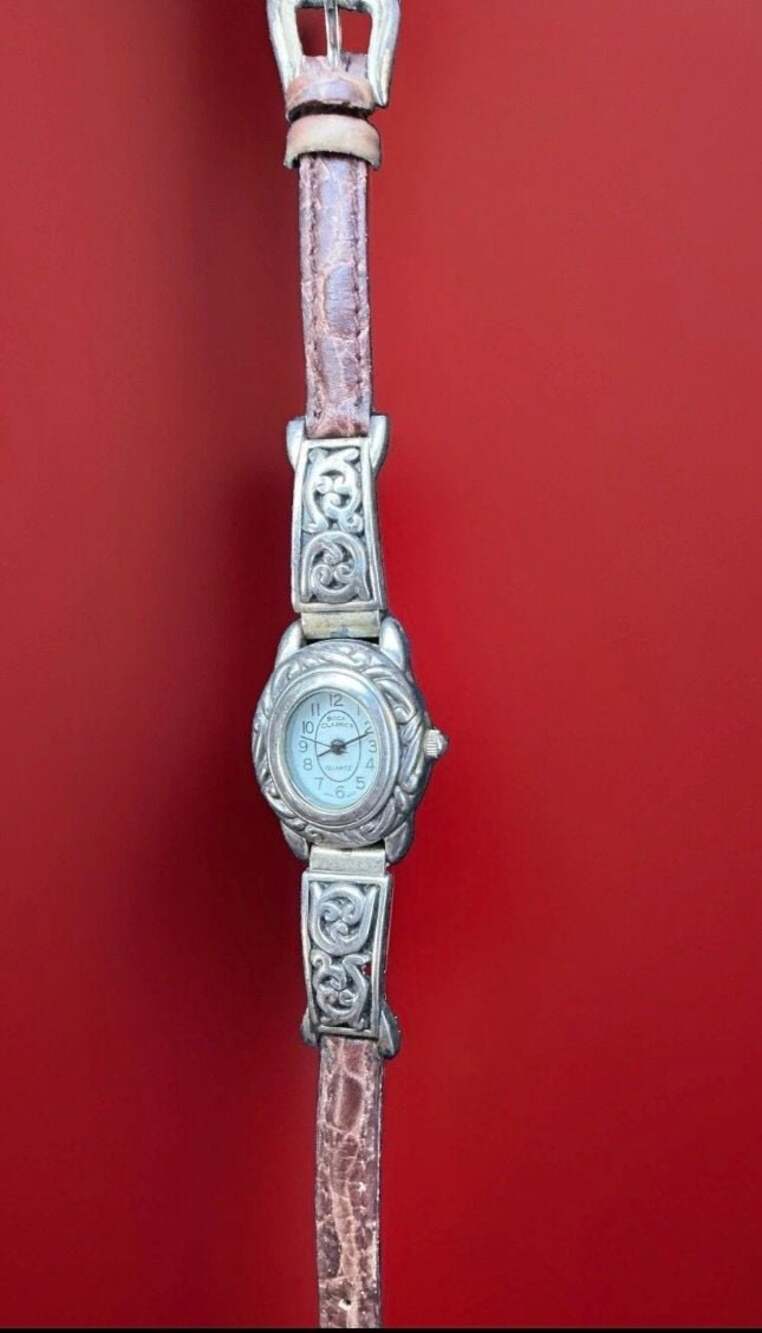 Boca Classics B319 Womens Watch Y2K Silver Filigree Brown Leather Western